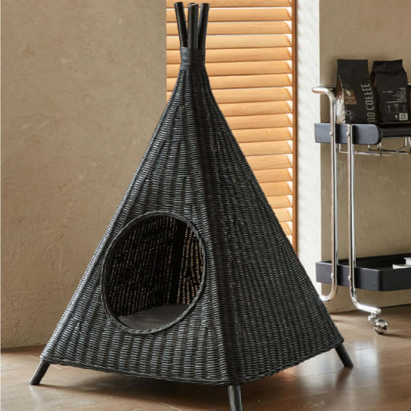 Natural Rattan Cat House – A Cozy Safe Home for Your Cat in a modern interior setting.