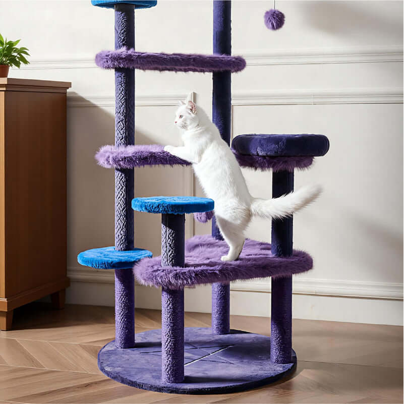 Purple Halloween Cat Tree with a white cat climbing on its multi-level design and plush platforms.