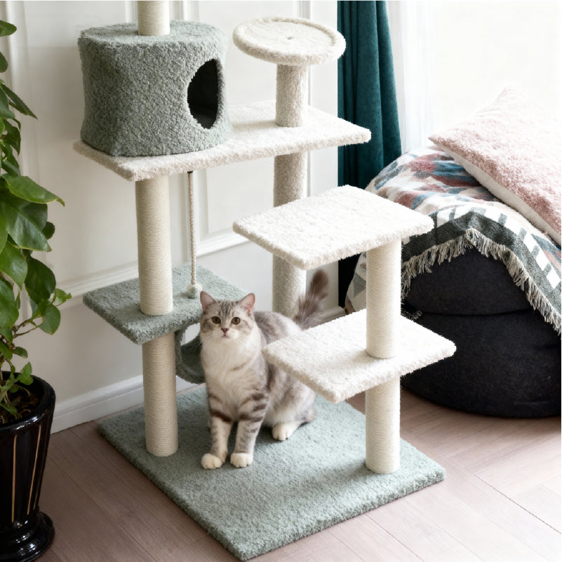 Fun and Cozy Cat Tree for Large Cats with a playful gray cat exploring it.