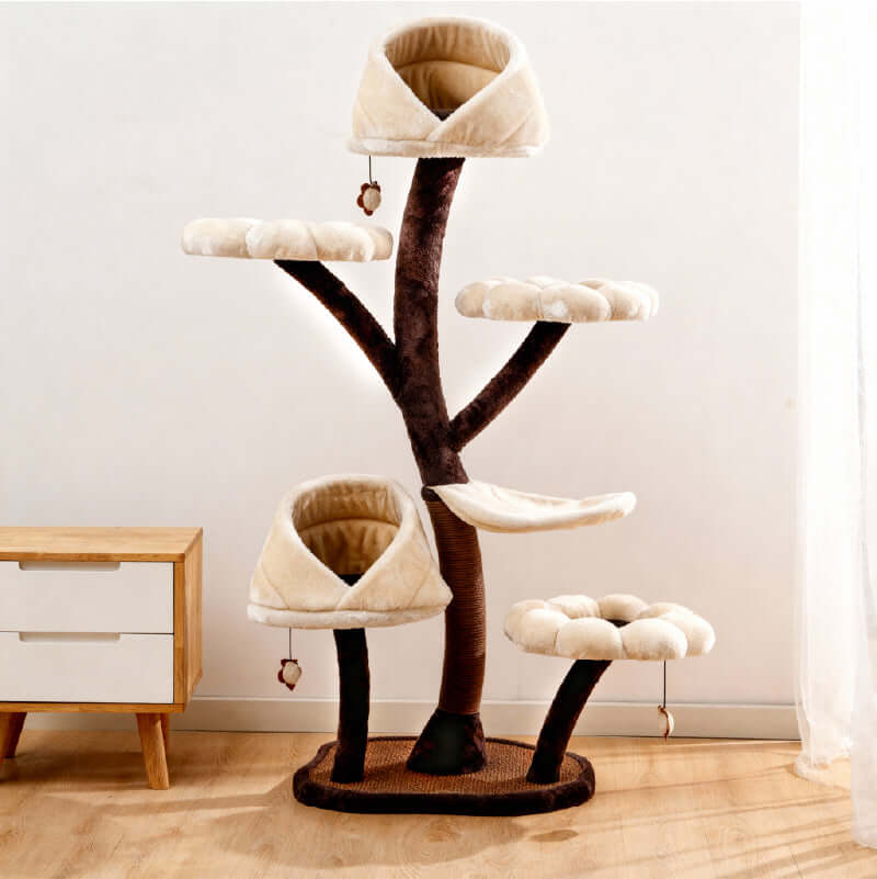 Modern Flower Cat Tree featuring soft beds and climbing shelves for playful cats in a cozy indoor setting.