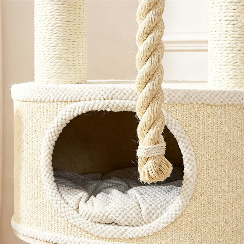 The Perfect Cat Tree for Play and Rest featuring soft materials and a cozy hideaway for cats.