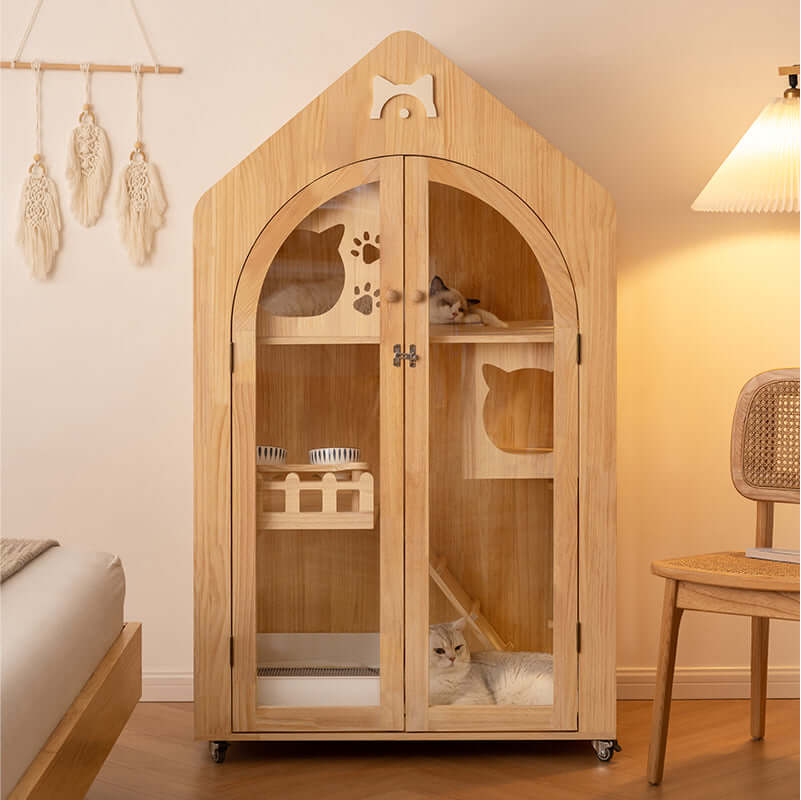Wooden Cat House Luxury Villa – Indoor Play & Rest Furniture for Cats displayed in a cozy home setting.