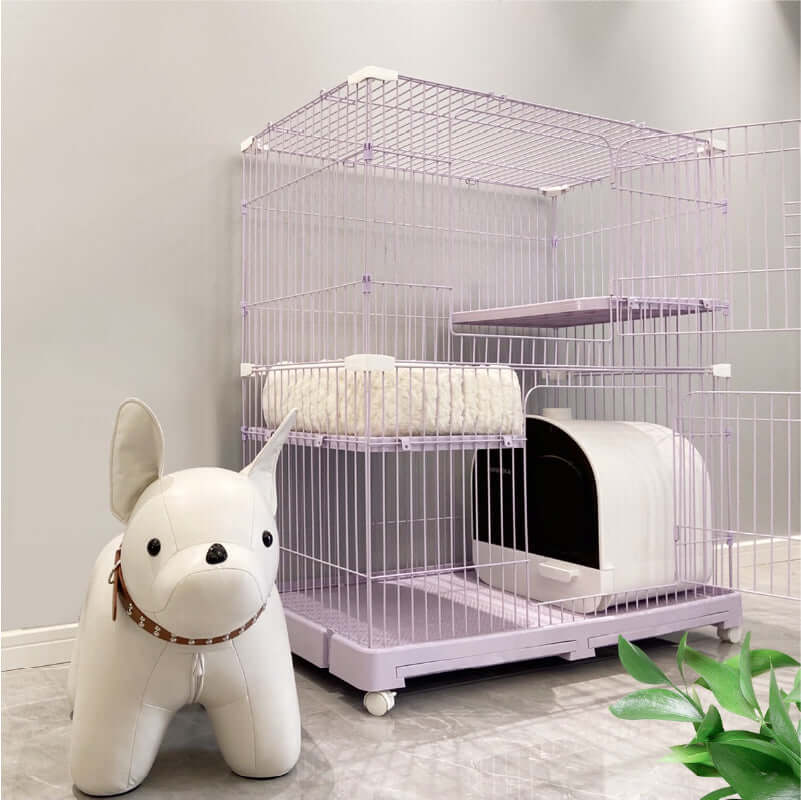 Elegant Purple Cat Cage – Safe, Fun & Multi-Layer Cat Home with a cozy design and a playful white dog decoration.
