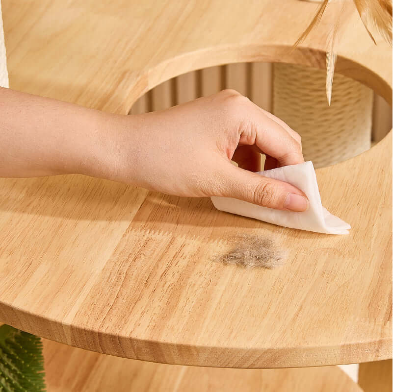 Person cleaning the surface of the Solid Oak Multi-Level Cat Tree with a cloth, showing easy maintenance.