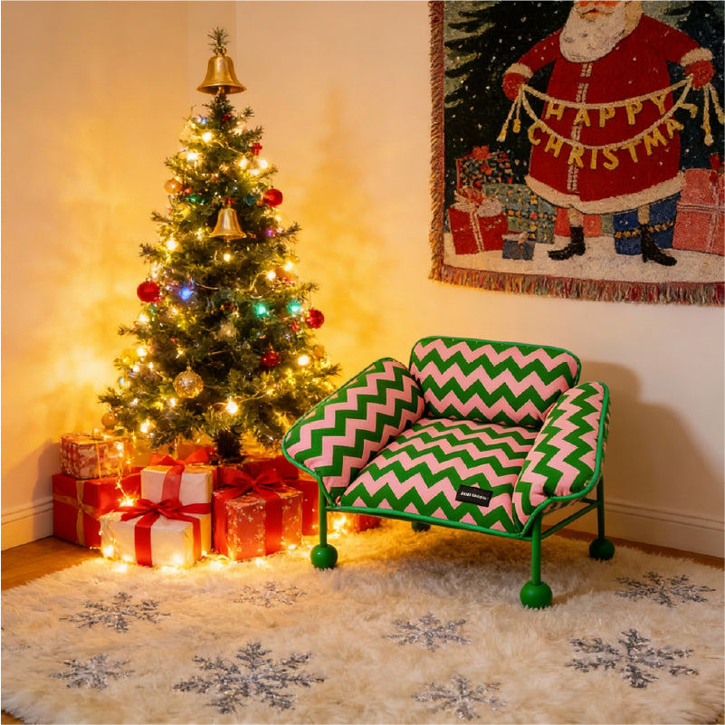 Memphis-Style Elevated Cat Hammock & Woven Wool Cat Cave beside a decorated Christmas tree with gifts.