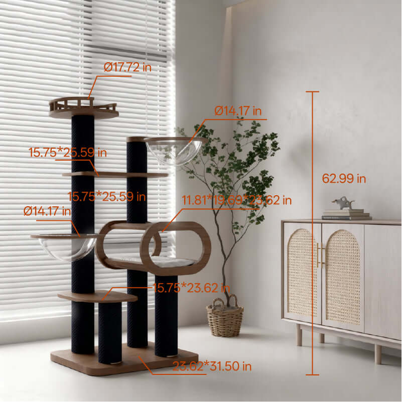 Large Solid Wood Cat Tower for Confident Climbers with measurements and natural decor.
