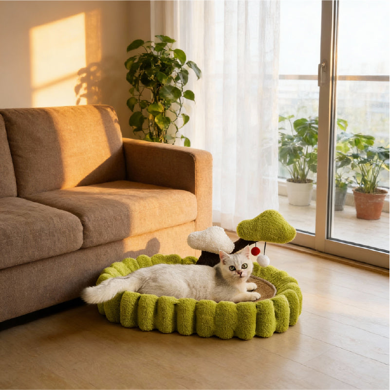 Cozy Cat Scratching Bed for Sleeping and Claw Care with a white cat lounging in a bright room near a couch.