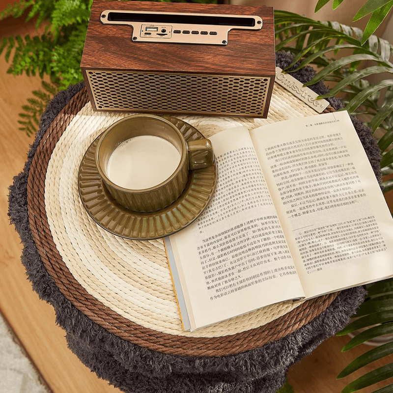 Multi-Functional Shared Living Stump: Designer Side Table, Stool, & All-in-One Cat Tree with coffee and book on top.