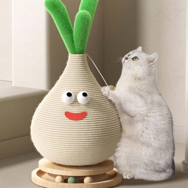 Garlic-Shaped Solid Wood Cat Scratching Board with Rotating Platform and cat playing with it