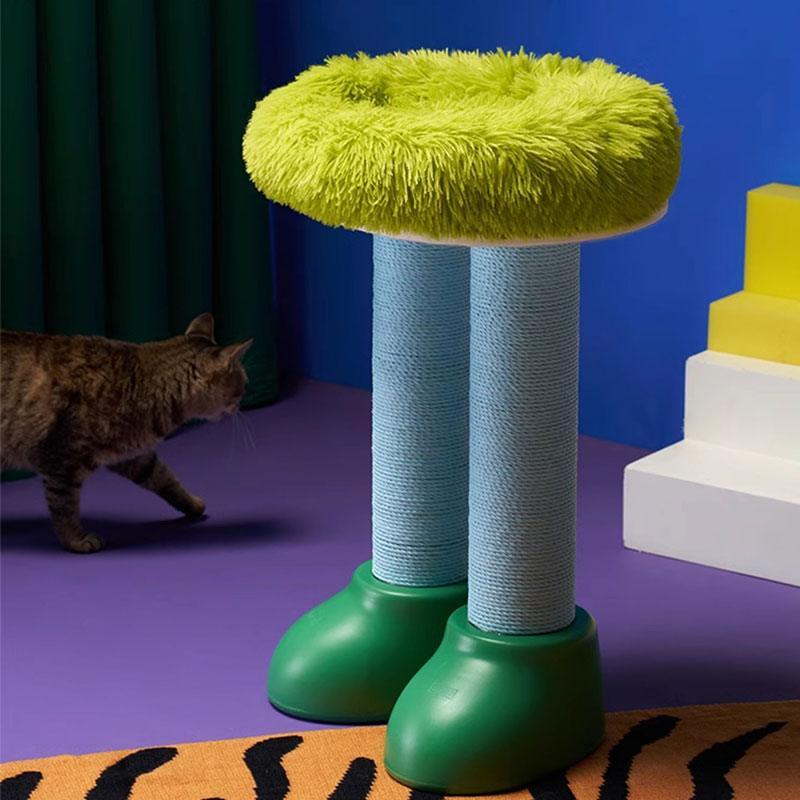Cat Scratching Climbing Tree with Cozy Rest Platform featuring a green fluffy top and sturdy supports.
