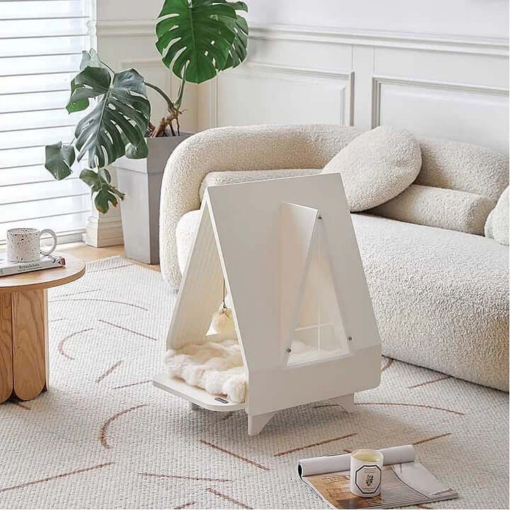 Cozy Modern Cat House β Indoor Cat Tree for Climbing, Scratching, and Relaxing in a stylish living room setting.