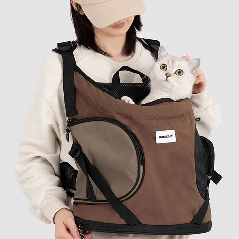 Luxury Cat Carrier Backpack – Breathable Front Pack for Travel & Daily Use with cat in a lightweight carrier.