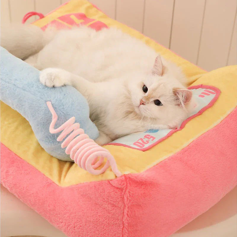 Kawaii Phone Sofa Bed for Cat – Cute & Cozy Lounge for Your Kitty with a white cat resting comfortably.