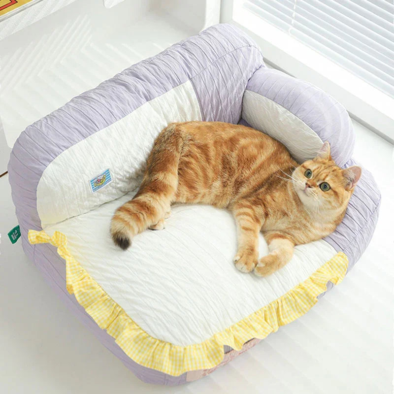 Soft & Cozy Cat Sofas — Perfect Lounging Spots for Happy Indoor Cats with an orange cat relaxing in a colorful sofa.