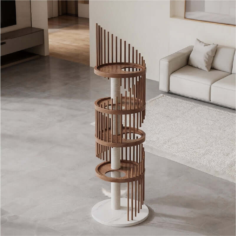 Spiral Solid Wood Cat Tree with multiple platforms, designed for safe climbing and play for cats in a modern living room.