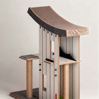 Chalet Tatzenstein Cat Tree features cozy platforms and scratching posts for indoor cats.