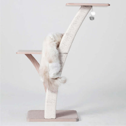 Solid Wood Cat Tree with stylish design and soft fur cat climbing on it.
