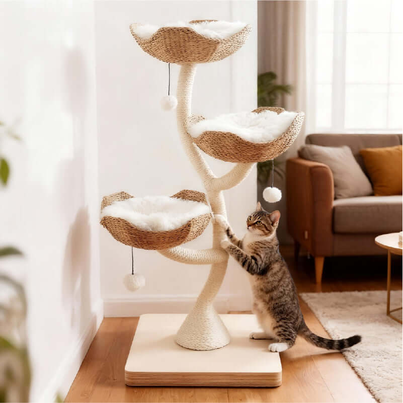 Cream Cat Climbing Frame with Woven Sisal Rope & Plush Lounging Tower, perfect for cats to play and rest.