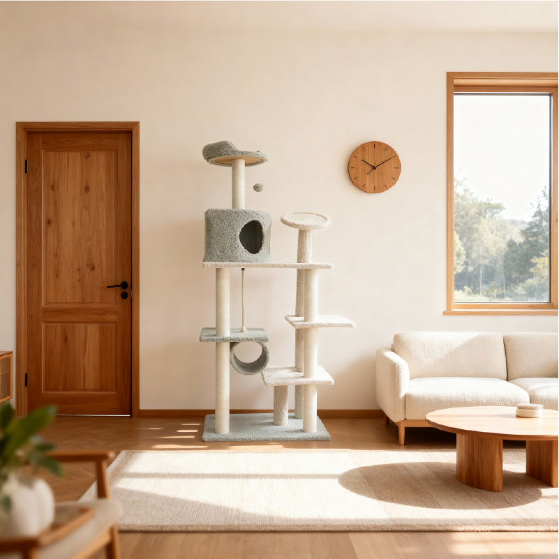 Fun and Cozy Cat Tree for Large Cats in a modern living room with natural light and wooden decor.