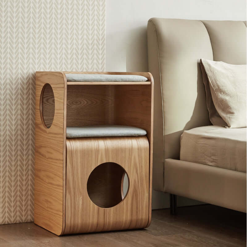 Wooden Square Cat House – Indoor Cat Den, Table & Stool for Cats
