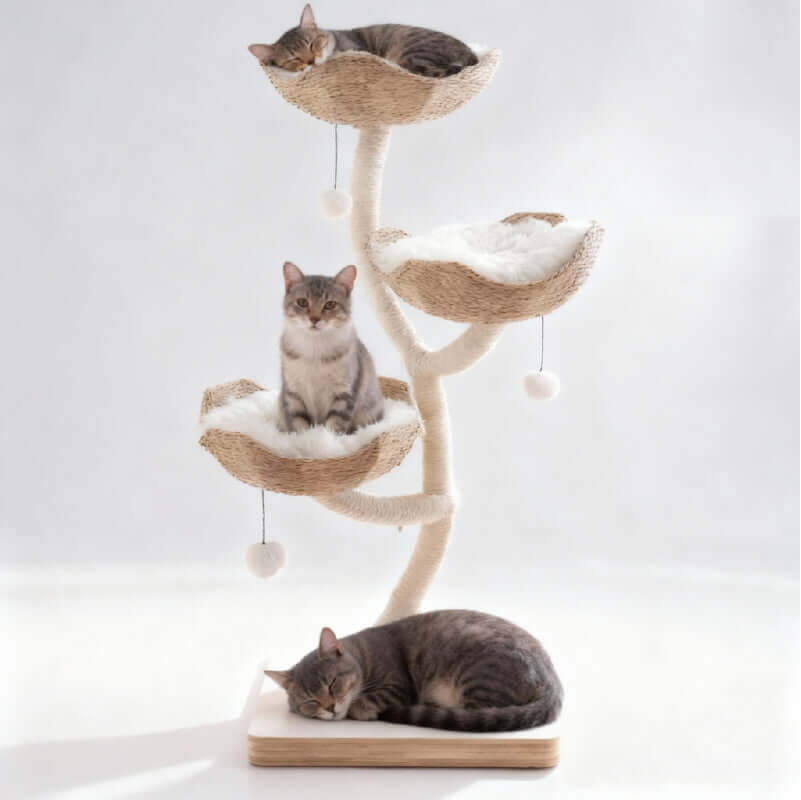 Cream Cat Climbing Frame with Woven Sisal Rope featuring cozy lounging areas and playful design for multiple cats.