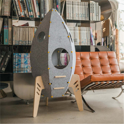 Rocket Cat House & Tower — Modern Space-Style Indoor Furniture for Cats in a cozy living room setting.