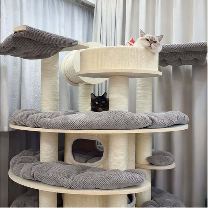 Luxury Multi-Level Cat Tower for Indoor Cats with two cats lounging in cozy platforms.