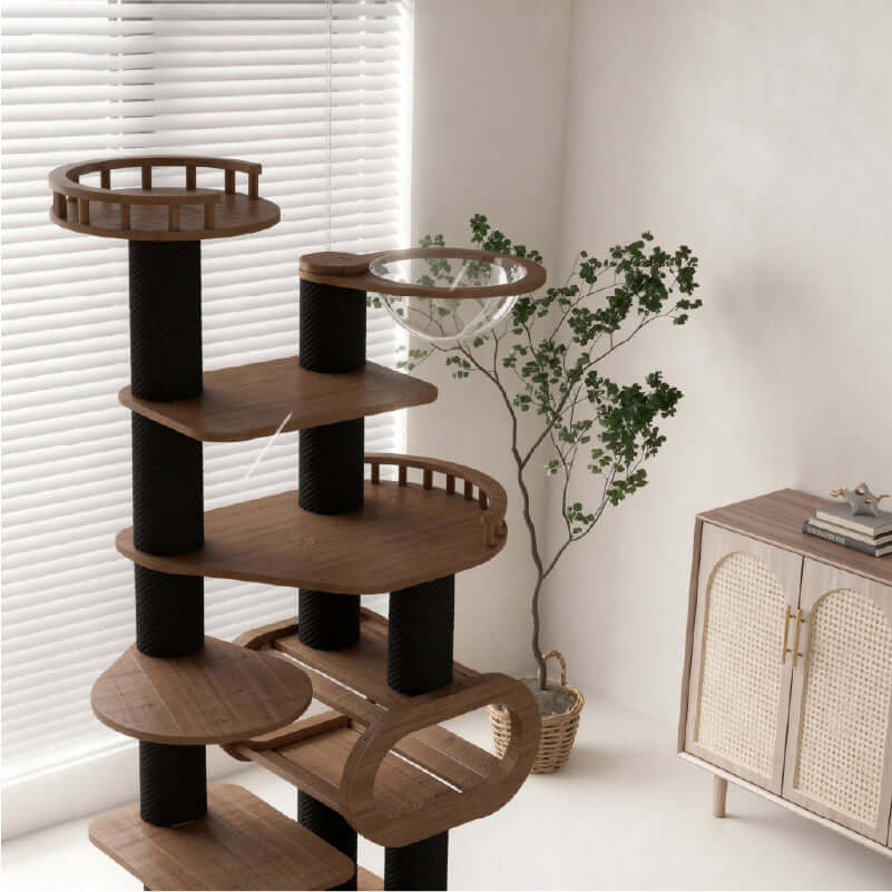 Large Solid Wood Cat Tower for Confident Climbers featuring wide platforms and sturdy natural posts in a modern room.