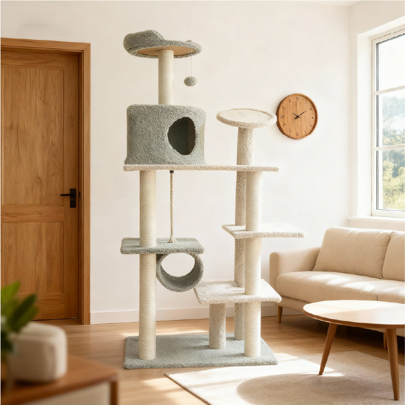 Fun and Cozy Cat Tree for Large Cats in a modern living room setting with a clock and sofa.