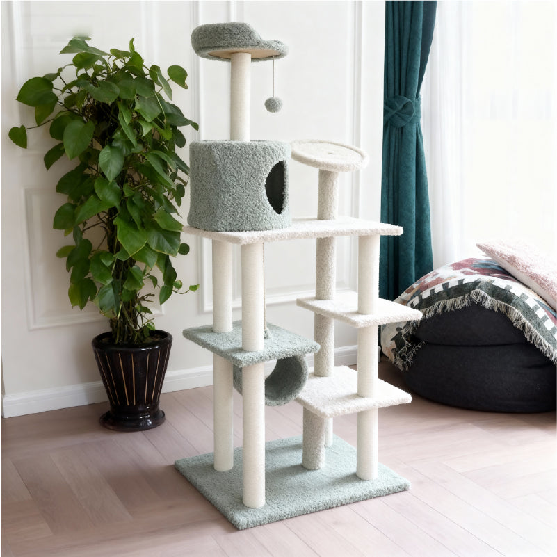 Fun and Cozy Cat Tree for Large Cats stands tall next to a decorative plant in a modern living room.