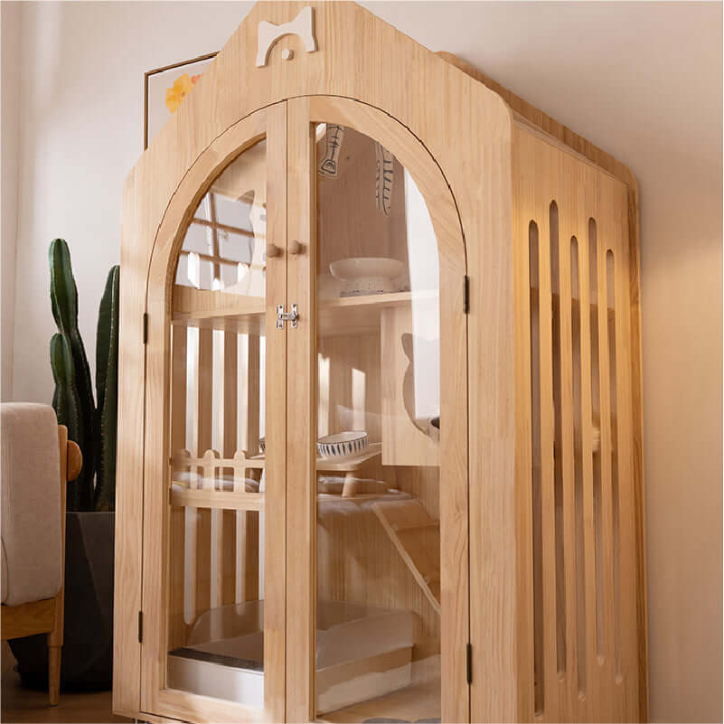Wooden Cat House Luxury Villa – Indoor Play & Rest Furniture for Cats showcasing a spacious three-level design.