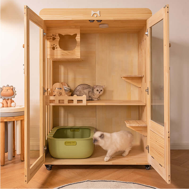 Luxury Indoor Cat Villa – Cozy Home & Play Space for Cats with two cats inside and features like shelves and litter box.