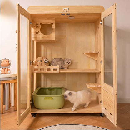 Luxury Indoor Cat Villa – Cozy Home & Play Space for Cats with two cats inside and features like shelves and litter box.
