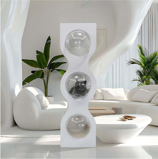 Hourglass Cat Tree for Indoor Cats – Multi-Level Sisal & Acrylic Condo in a modern living room setting.