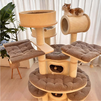 Luxury Multi-Level Cat Tower for Indoor Cats with cozy lounging areas and a playful cat on top.
