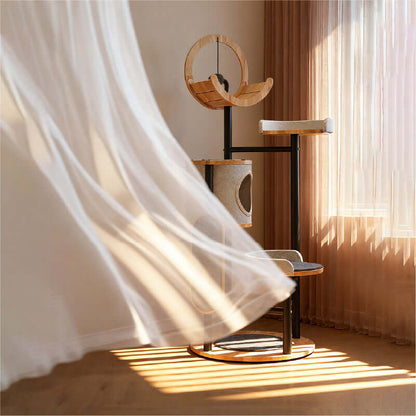 Stylish & Durable Indoor Cat Tree featuring a multi-level design with solid wood and steel frame, perfect for cat play and rest.