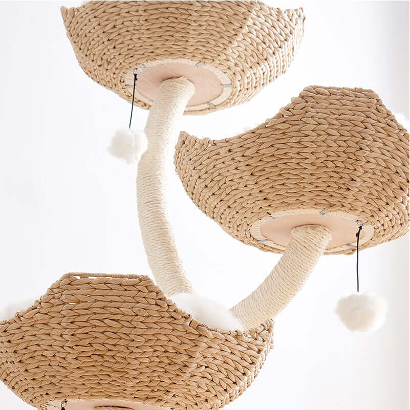 Cream Cat Climbing Frame with Woven Sisal Rope featuring cozy woven nest-like perches for cat relaxation.