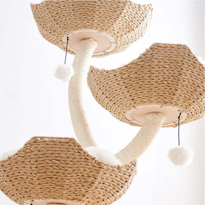 Cream Cat Climbing Frame with Woven Sisal Rope featuring cozy woven nest-like perches for cat relaxation.