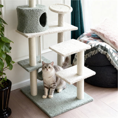 Fun and Cozy Cat Tree for Large Cats with a playful gray cat exploring it.