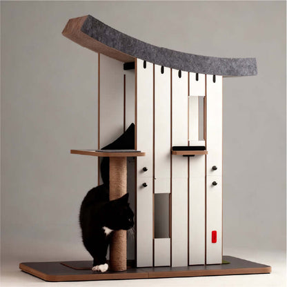Chalet Tatzenstein Cat Tree with a black cat climbing and exploring its design, perfect for indoor play and relaxation.