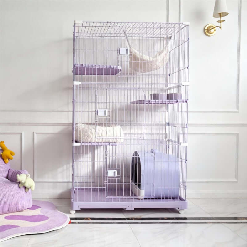 Elegant Purple Cat Cage – Safe, Fun & Multi-Layer Cat Home showcasing its multi-level structure and cozy resting areas.