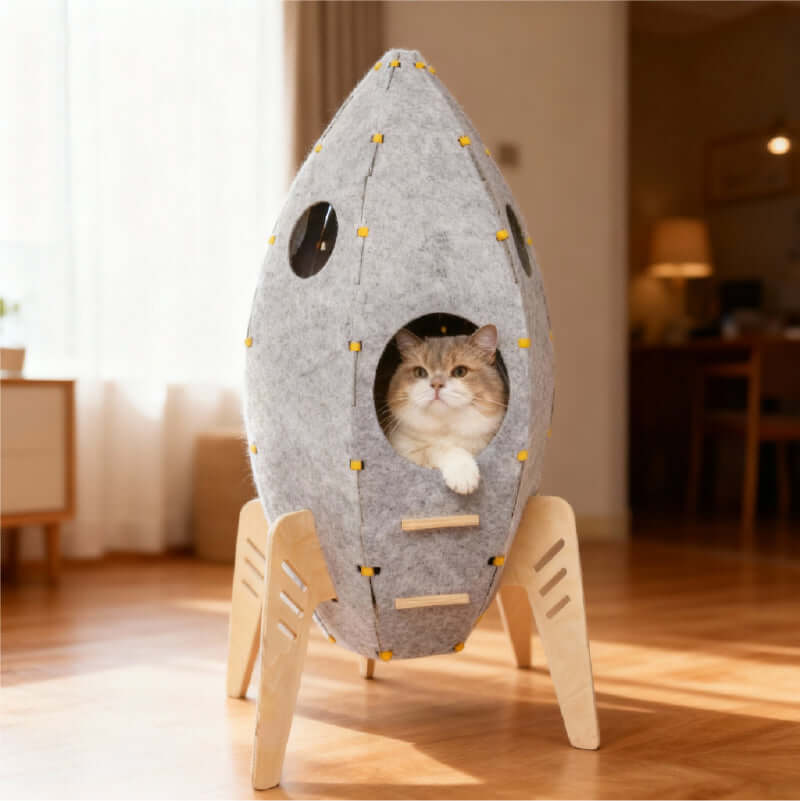 Rocket Cat House & Tower — Modern Space-Style Indoor Furniture for Cats with a cat peeking out.