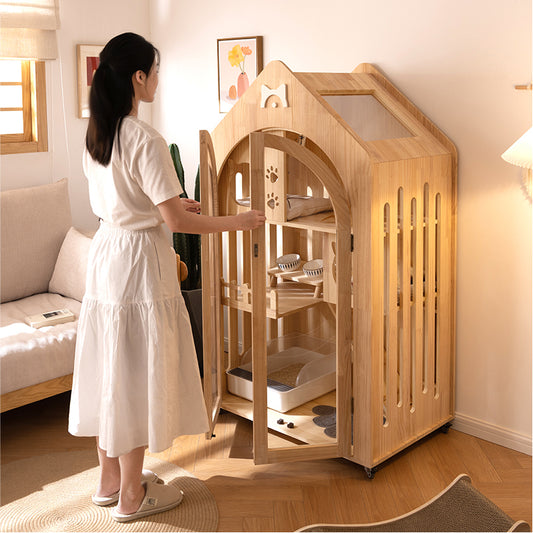 Wooden Cat House Luxury Villa – Indoor Play & Rest Furniture for Cats with a woman accessing the cat house.