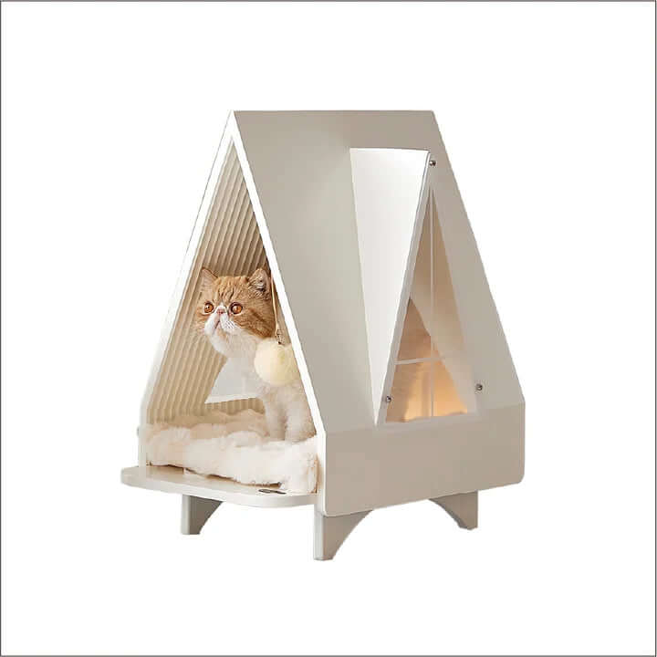 Indoor Cat Tree for Climbing, Scratching, and Relaxing featuring a cozy design with a cat peeking out inside.