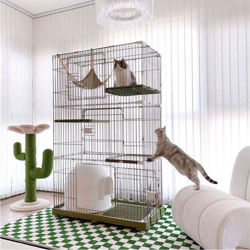 Luxury Space-Themed Cat House — Safe Multi-Level Home for Indoor Cats with two cats playing and a green cactus decoration.