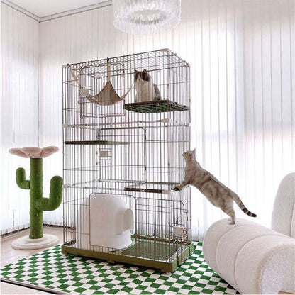 Luxury Space-Themed Cat House — Safe Multi-Level Home for Indoor Cats with two cats playing and a green cactus decoration.