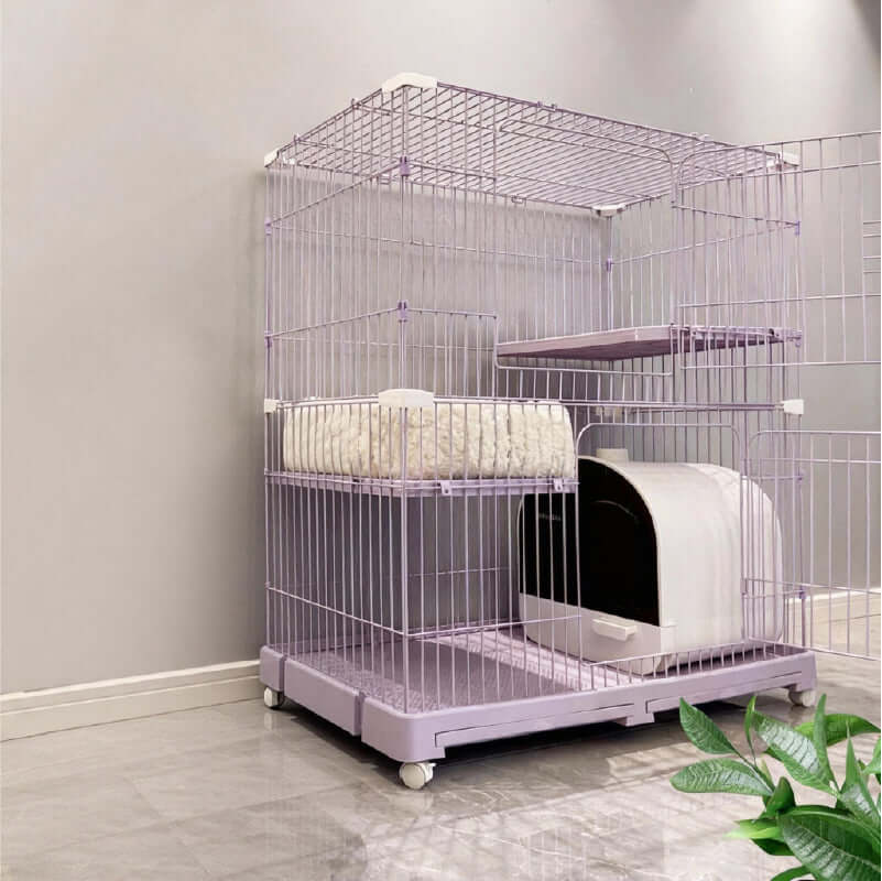 Elegant Purple Cat Cage – Safe, Fun & Multi-Layer Cat Home showcasing a cozy space for playful cats.