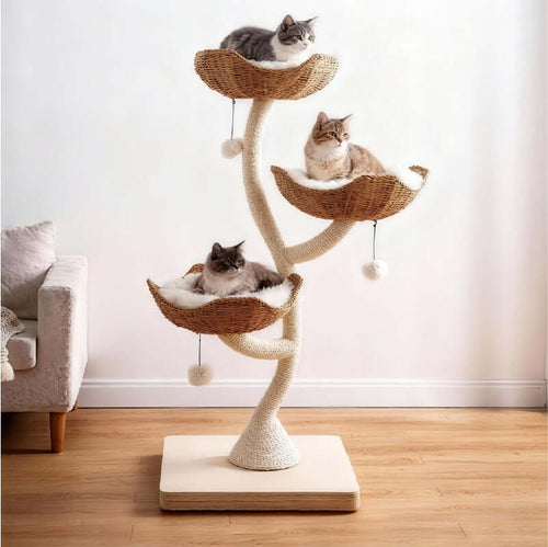 Cream Cat Climbing Frame with Woven Sisal Rope, multi-level handmade cat tree for play and relaxation.