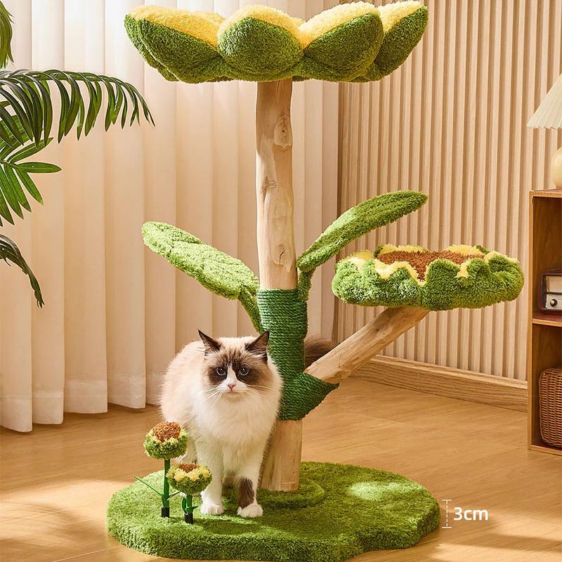 Sunflower Cat Tree Tower – Multi-Level Climbing & Scratching Post with a cat lounging on it and a flower design.