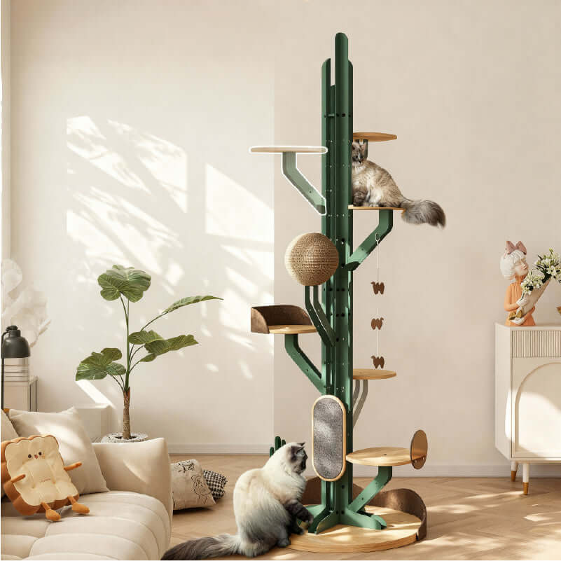 Cactus Cat Tree showcasing a sturdy design with two cats playing and lounging in a stylish living room setting.